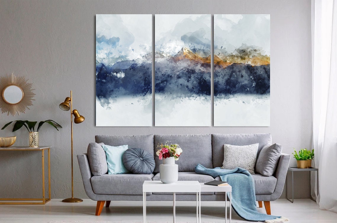 Abstract Mountain Canvas Wall Art Print, Abstract Landscape Art Blue Painting, Abstract mountain ranges，Framed Canvas Artwork for Walls