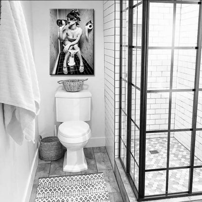 Bathroom Art, canvas print, fashion toilet girl drinking, framed wall art, black and white bathroom wall art, humor restroom photo print