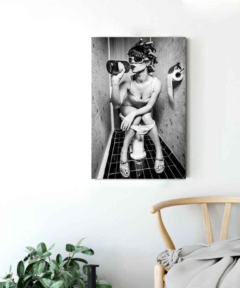 Bathroom Art, canvas print, fashion toilet girl drinking, framed wall art, black and white bathroom wall art, humor restroom photo print