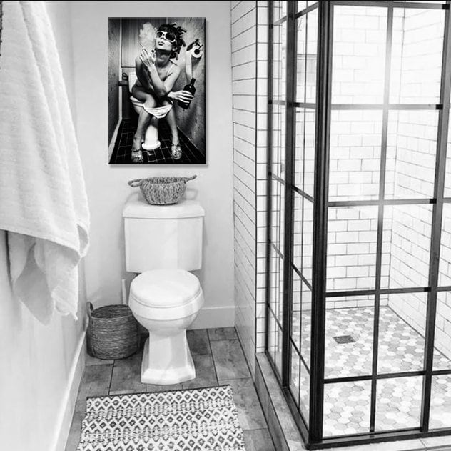 Funny Girl Sitting On Toilet Smoking and Drinking Canvas Wall Art, Black and White Wall Art,Bathroom Smoke Canvas art，Bathroom Wall Art,