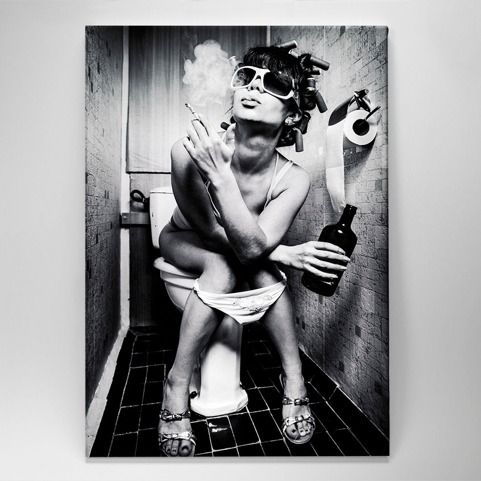 Funny Girl Sitting On Toilet Smoking and Drinking Canvas Wall Art, Black and White Wall Art,Bathroom Smoke Canvas art，Bathroom Wall Art,