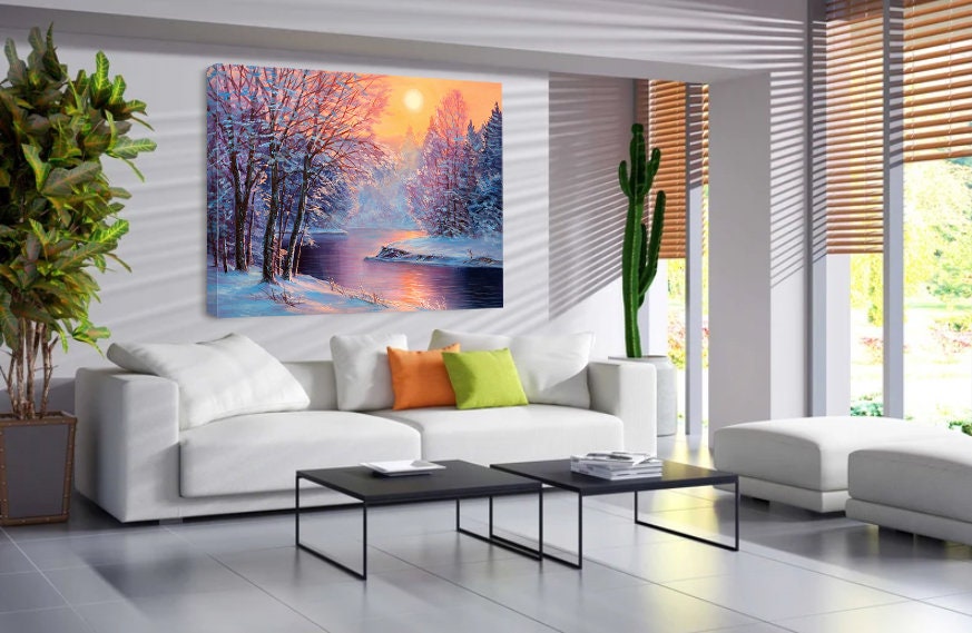 Winter landscape Canvas Print,Forest River Canvas Print,Tree Wall Art,Scenic Artwork Canvas Print, painting wall decor