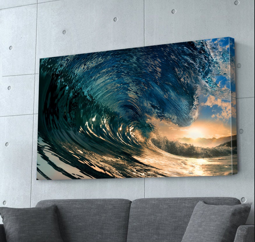 Ocean Canvas,Landscape Canvas,Sunset Large Wall art,Colorful Ocean Waves at Sunset Canvas Print,Surfer art