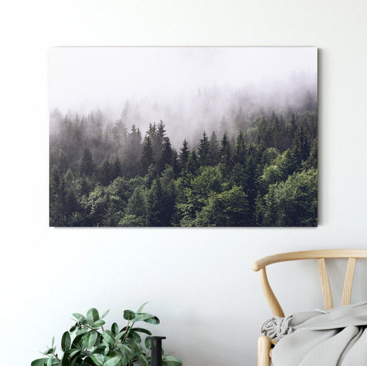 Mountain foggy Forest WALL ART,Forested mountain slope Art, Mountain foggy Canvas,Home Decor,Large Art Print evergreen Modern Wall Decor