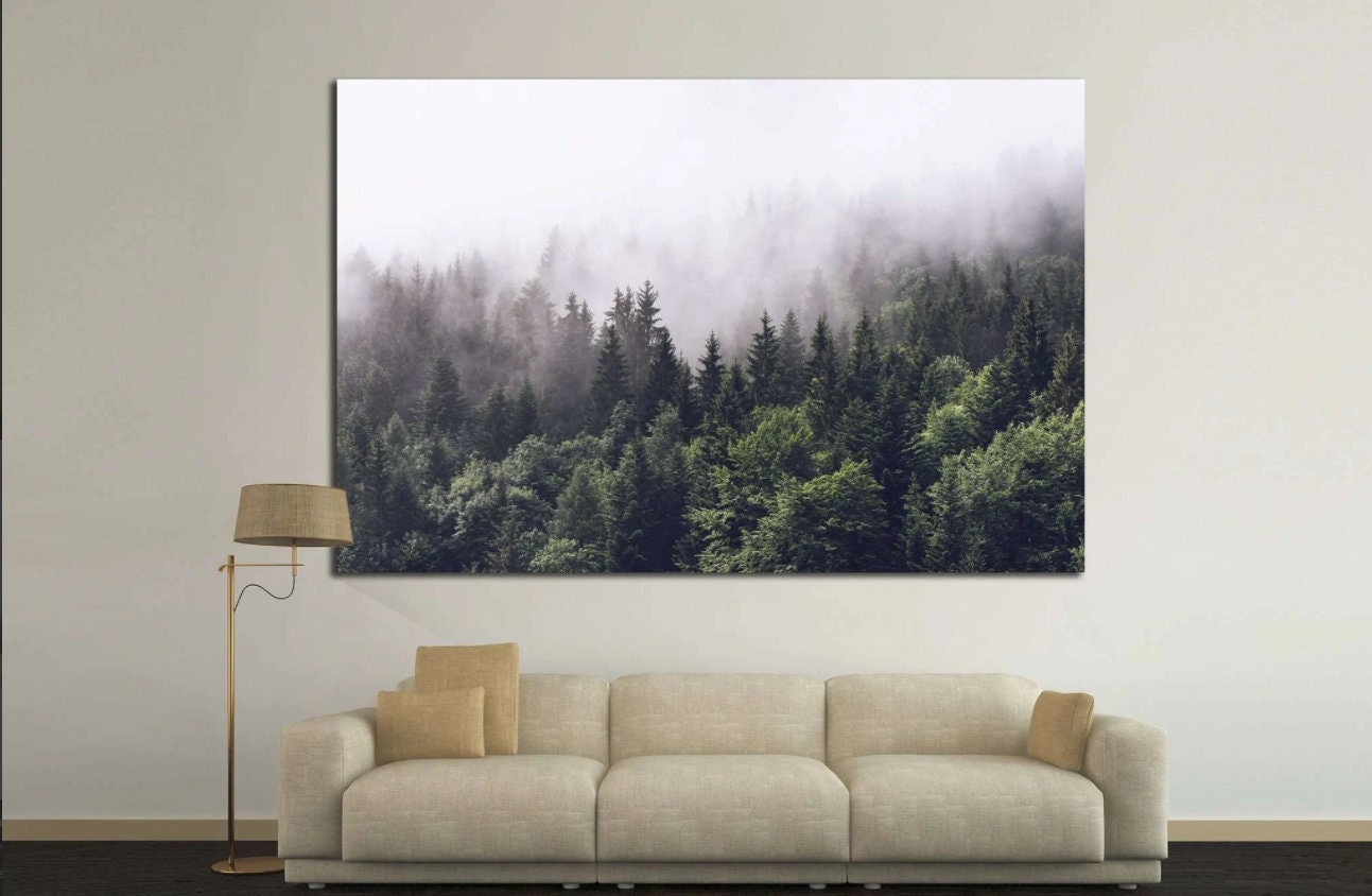 Mountain foggy Forest WALL ART,Forested mountain slope Art, Mountain foggy Canvas,Home Decor,Large Art Print evergreen Modern Wall Decor