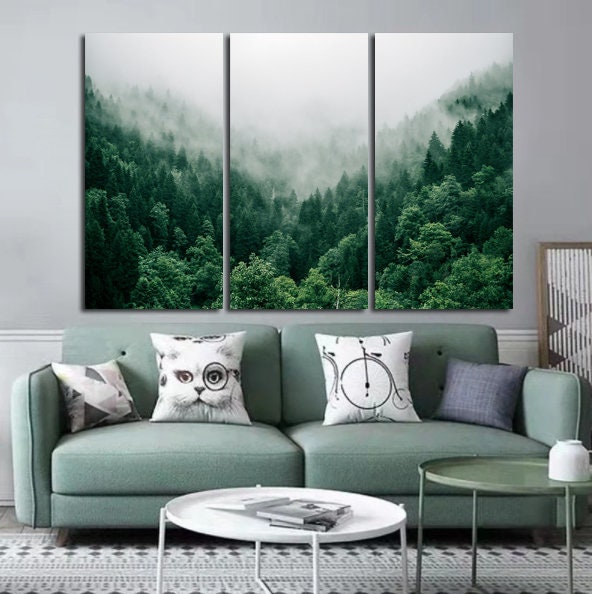 Green Forest Nature Scenery Photography Canvas Print Modern Living Room decor Foggy mountain forest Poster Print Forest wall art Tree art