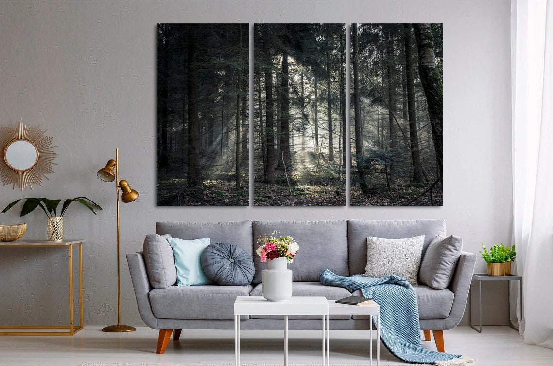 Forest landscape tree wall art Forest WALL ART, foggy Canvas,Home Decor,Large Art Print evergreen Modern Wall Decor