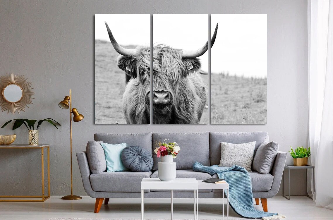 Black and white highland bison framed Canvas Print, Contemporary Wall Decor,Abstract Wall Art, Animals Wall Art