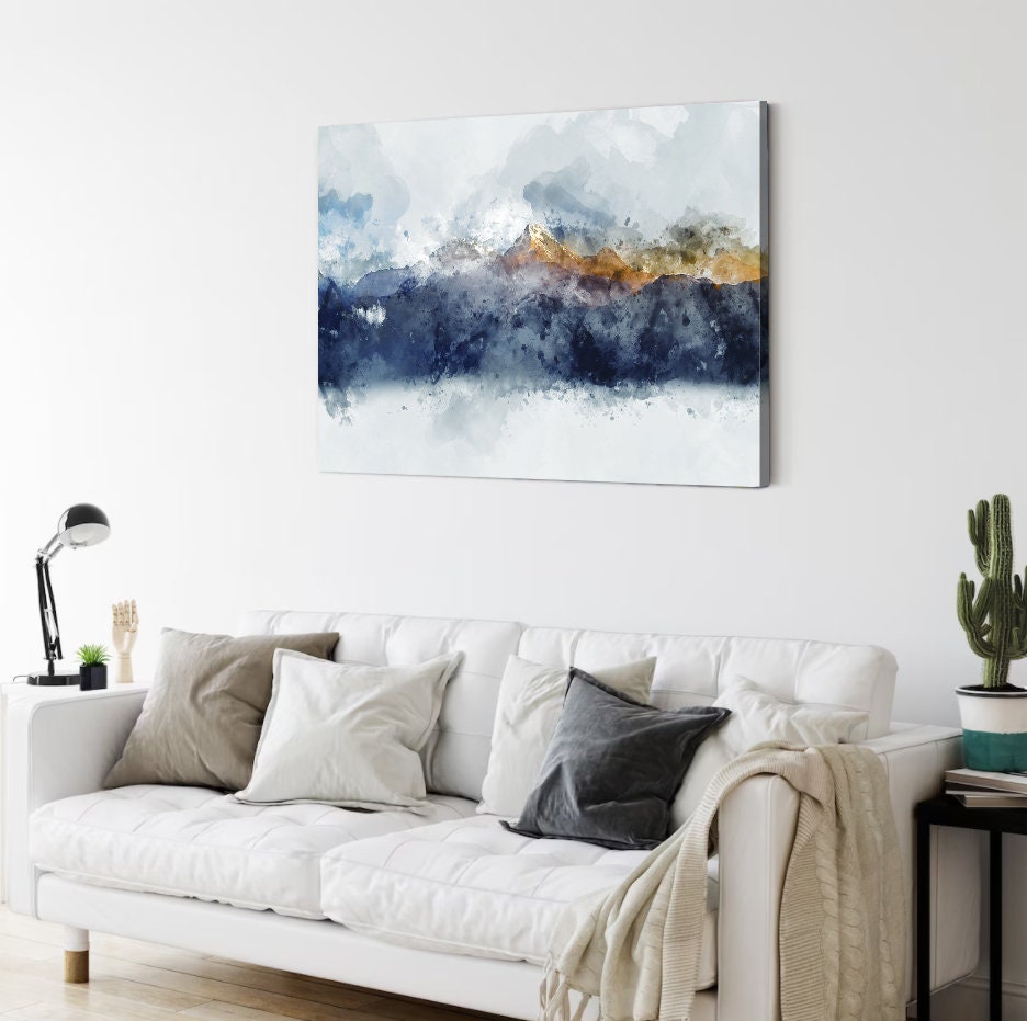 Abstract Mountain Canvas Wall Art Print, Abstract Landscape Art Blue Painting, Abstract mountain ranges，Framed Canvas Artwork for Walls