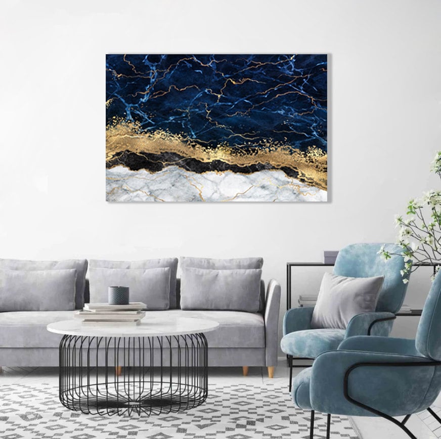 Blue Gold Marble Canvas , Large Wall Art, Marble Canvas, Contemporary Art，Abstract Marble Canvas Wall Art, Luxury Blue Gold Marble Canvas