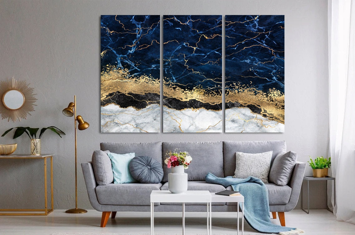 Blue Gold Marble Canvas , Large Wall Art, Marble Canvas, Contemporary Art，Abstract Marble Canvas Wall Art, Luxury Blue Gold Marble Canvas