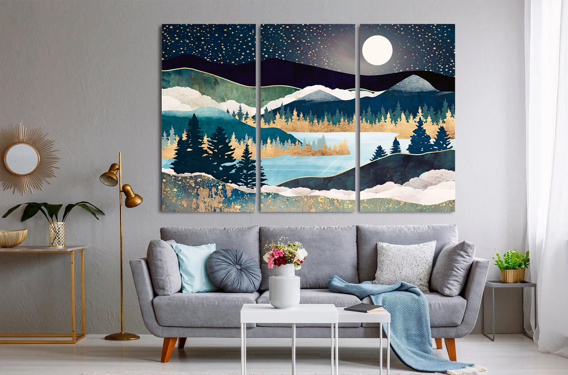 Starry Sky Canvas Wall Art Landscape Poster Nature lake art Large Wall Art Home Decor