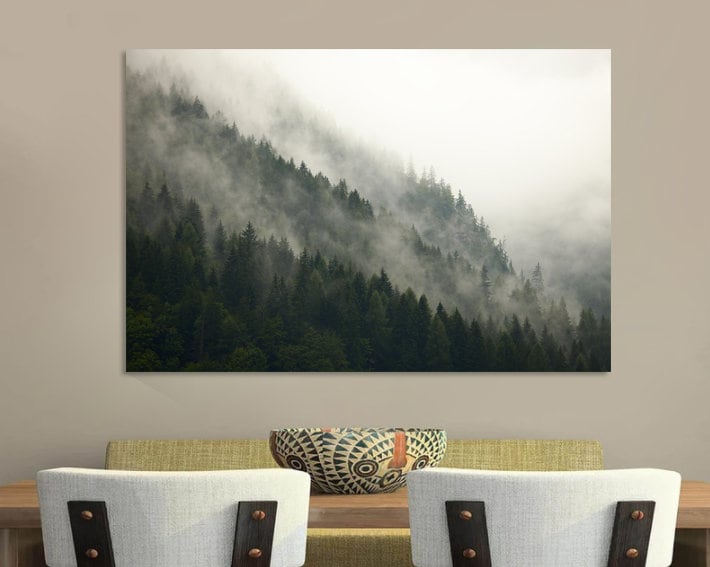 Nature Forest Fog over mountain Canvas Print, Modern Living Room Decor, Foggy forest Poster Print. Forest wall art, Tree art, mountain view