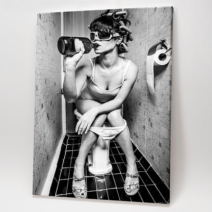 Bathroom Art, canvas print, fashion toilet girl drinking, framed wall art, black and white bathroom wall art, humor restroom photo print