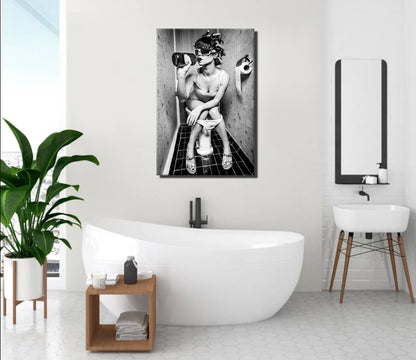 Bathroom Art, canvas print, fashion toilet girl drinking, framed wall art, black and white bathroom wall art, humor restroom photo print