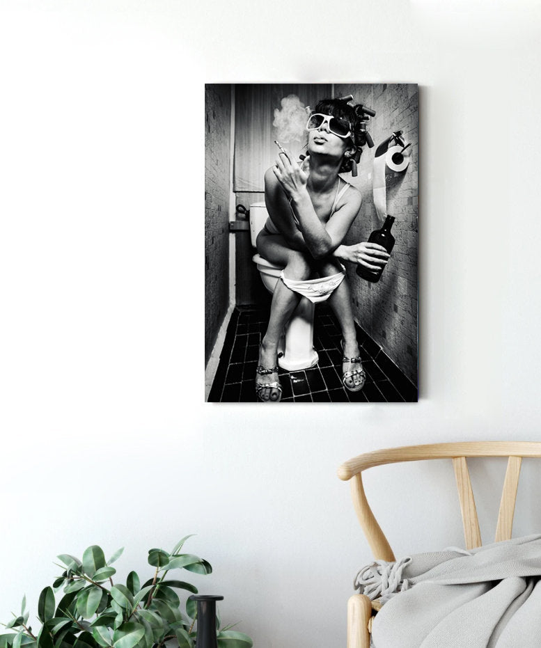 Funny Girl Sitting On Toilet Smoking and Drinking Canvas Wall Art, Black and White Wall Art,Bathroom Smoke Canvas art，Bathroom Wall Art,