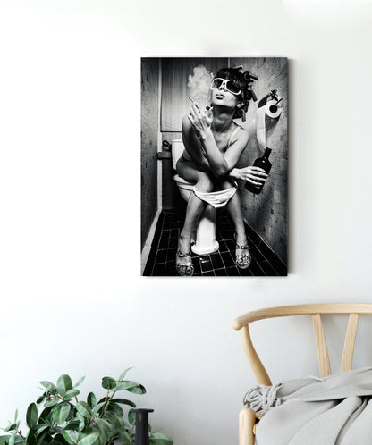 Funny Girl Sitting On Toilet Smoking and Drinking Canvas Wall Art, Black and White Wall Art,Bathroom Smoke Canvas art，Bathroom Wall Art,