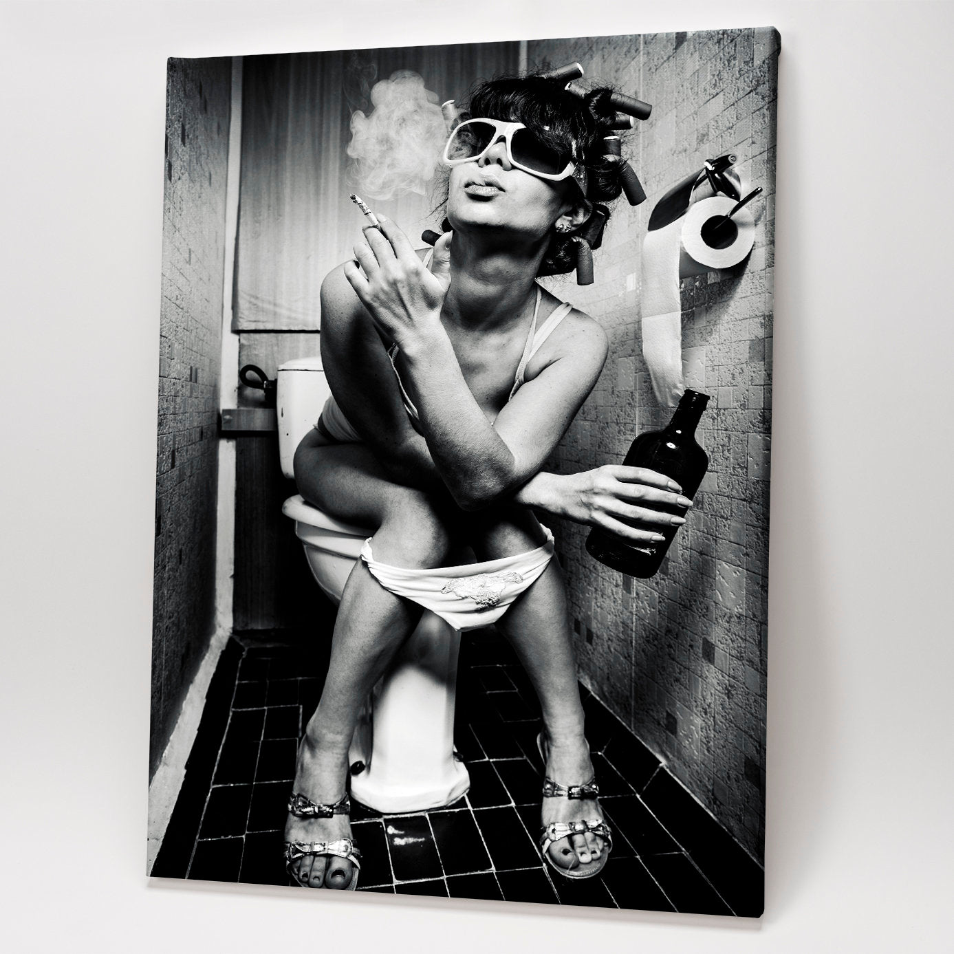 Funny Girl Sitting On Toilet Smoking and Drinking Canvas Wall Art, Black and White Wall Art,Bathroom Smoke Canvas art，Bathroom Wall Art,