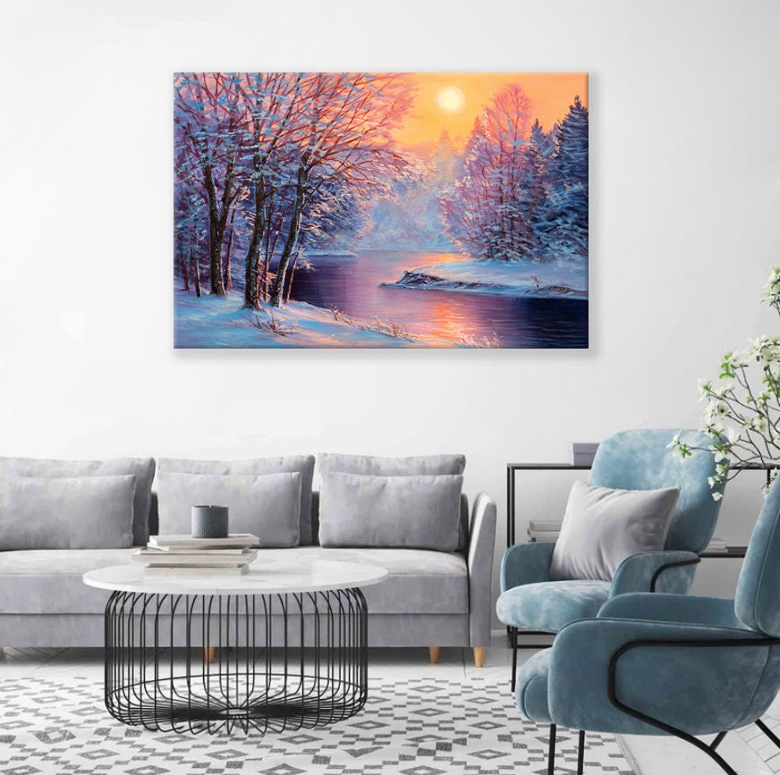 Winter landscape Canvas Print,Forest River Canvas Print,Tree Wall Art,Scenic Artwork Canvas Print, painting wall decor