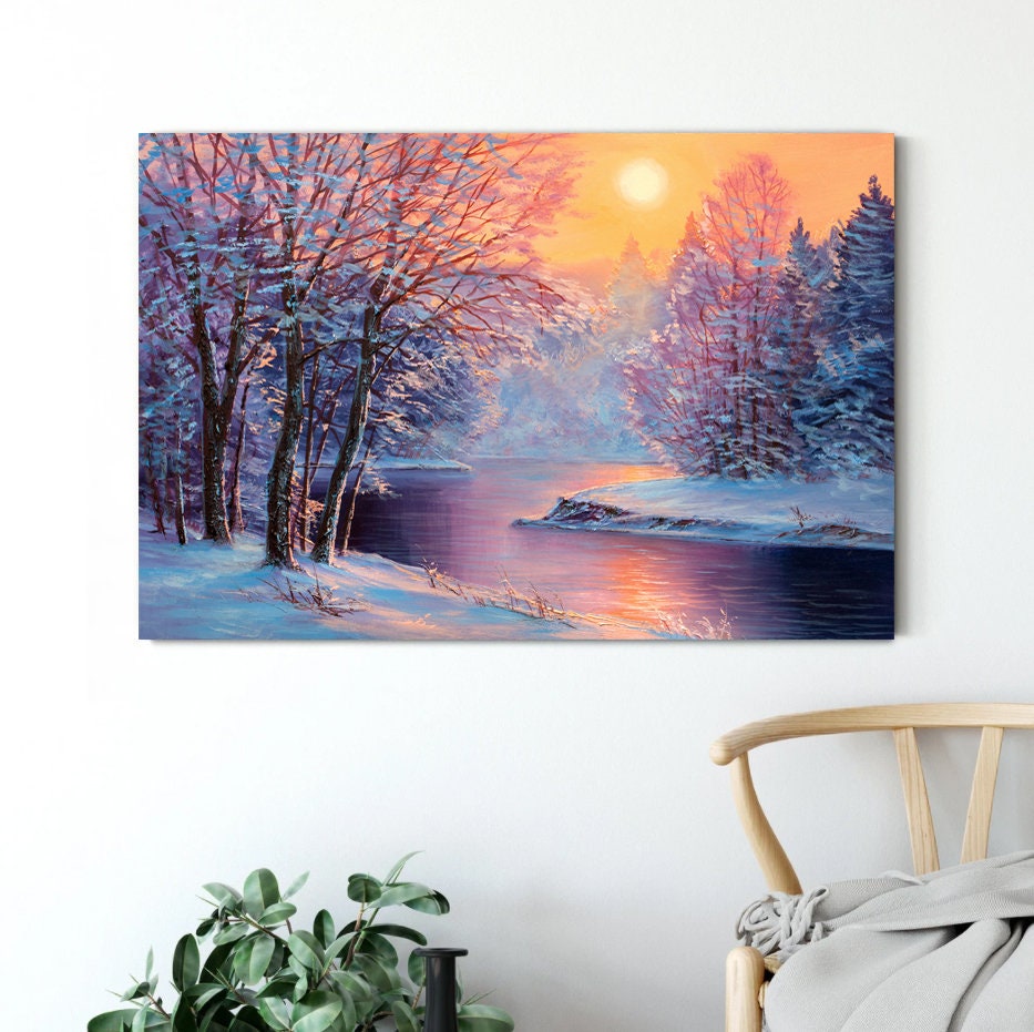 Winter landscape Canvas Print,Forest River Canvas Print,Tree Wall Art,Scenic Artwork Canvas Print, painting wall decor