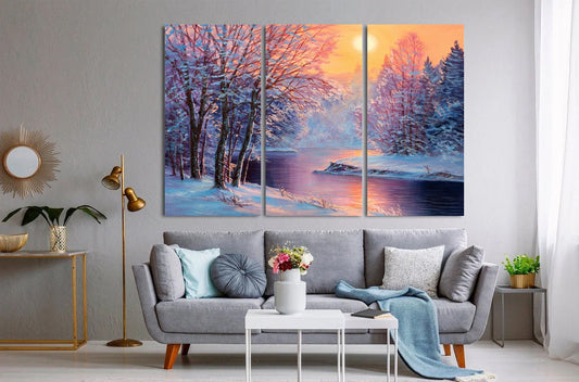 Winter landscape Canvas Print,Forest River Canvas Print,Tree Wall Art,Scenic Artwork Canvas Print, painting wall decor