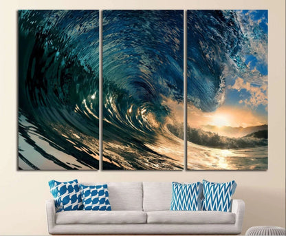 Ocean Canvas,Landscape Canvas,Sunset Large Wall art,Colorful Ocean Waves at Sunset Canvas Print,Surfer art