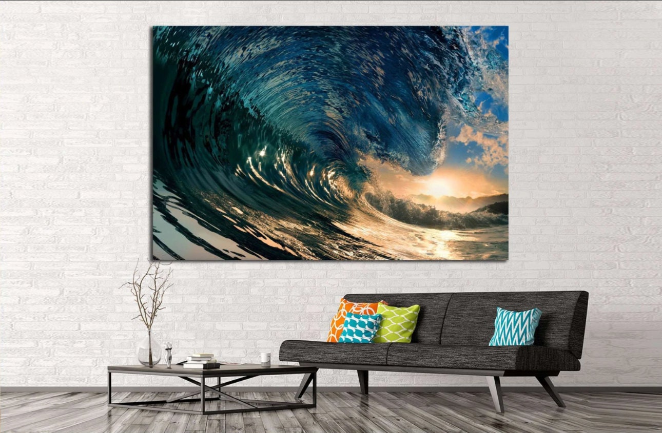 Ocean Canvas,Landscape Canvas,Sunset Large Wall art,Colorful Ocean Waves at Sunset Canvas Print,Surfer art