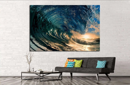 Ocean Canvas,Landscape Canvas,Sunset Large Wall art,Colorful Ocean Waves at Sunset Canvas Print,Surfer art