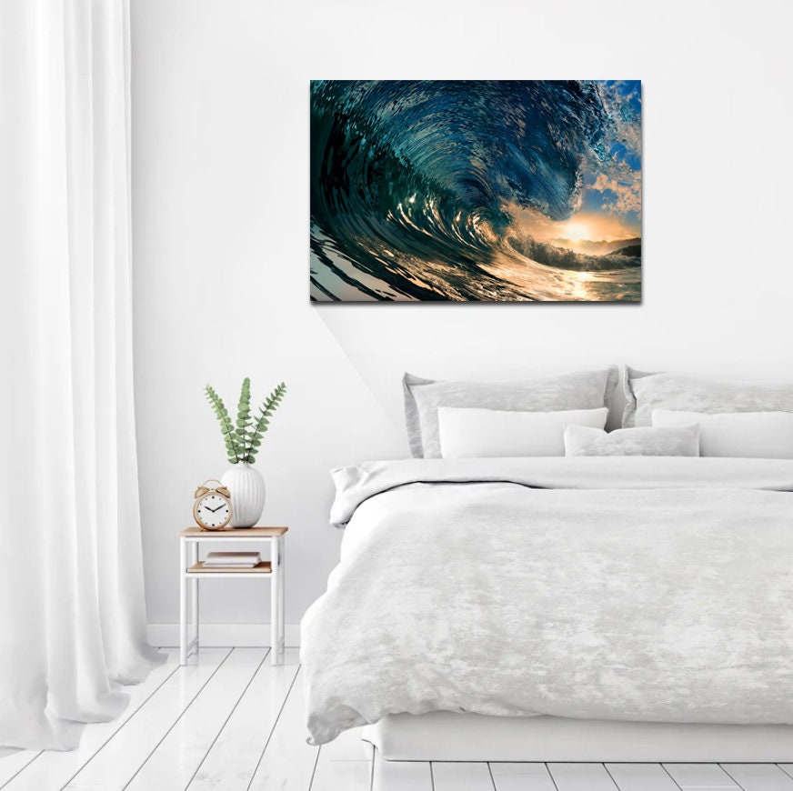 Ocean Canvas,Landscape Canvas,Sunset Large Wall art,Colorful Ocean Waves at Sunset Canvas Print,Surfer art