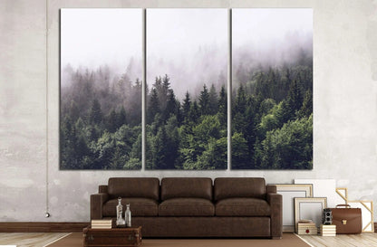 Mountain foggy Forest WALL ART,Forested mountain slope Art, Mountain foggy Canvas,Home Decor,Large Art Print evergreen Modern Wall Decor