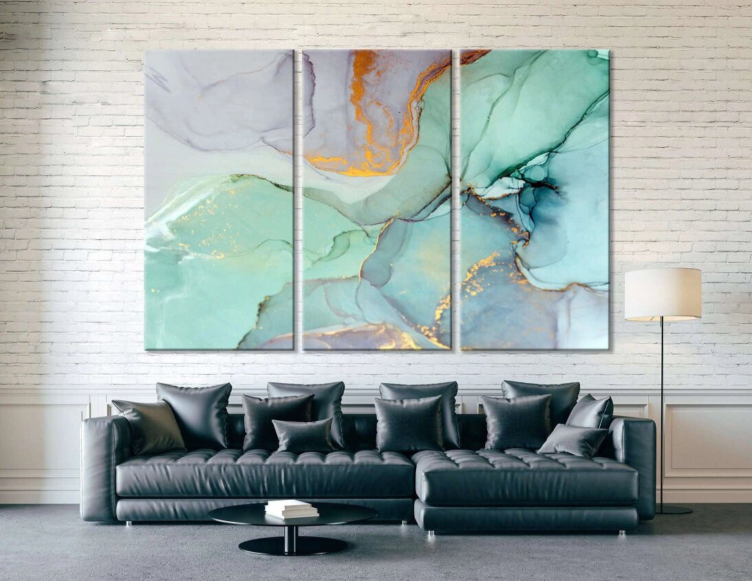 Extra Large Wall Art Teal Marble Artwork Ready to Hang Canvas Print, Modern Art,Marble Wall Art, Living Room Canvas