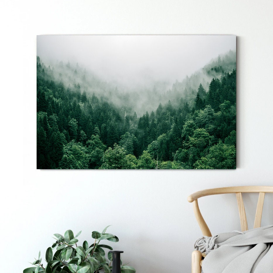 Green Forest Nature Scenery Photography Canvas Print Modern Living Room decor Foggy mountain forest Poster Print Forest wall art Tree art