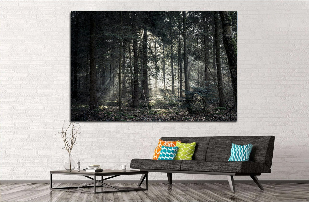 Forest landscape tree wall art Forest WALL ART, foggy Canvas,Home Decor,Large Art Print evergreen Modern Wall Decor