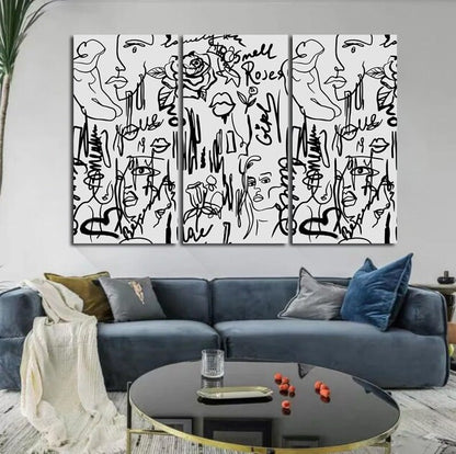 white black graffiti wall art canvas Woman faces graffiti wall art print graffiti wall art Abstract Pop Art Faces and Geometric Shapes art