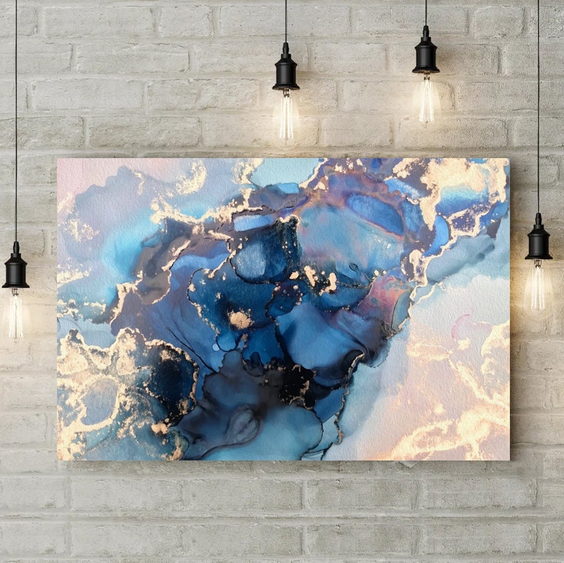 Abstract Marble Wall Art, Luxury Blue imitation gold Marble Canvas, Modern Canvas Prin Home Gift Trendy Modern Wall Art,Navy Blue Abstract