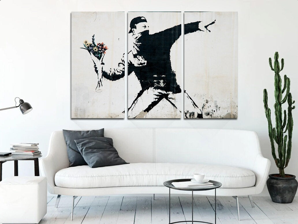 Banksy Art, Throwing Flowers Street Art, Banksy Décor, Banksy Print, Street Art Decor, Graffiti Art, Banksy Flower Bomber Canvas wall decor