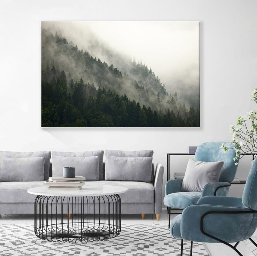 Nature Forest Fog over mountain Canvas Print, Modern Living Room Decor, Foggy forest Poster Print. Forest wall art, Tree art, mountain view