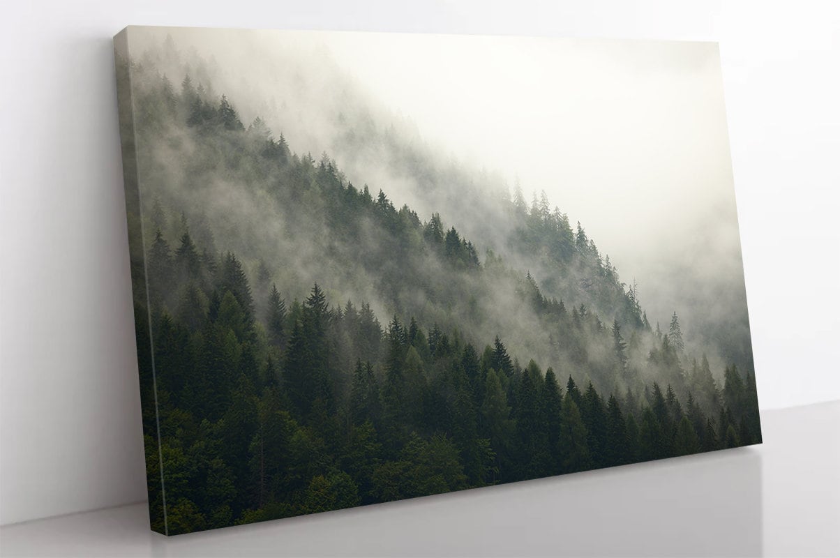 Nature Forest Fog over mountain Canvas Print, Modern Living Room Decor, Foggy forest Poster Print. Forest wall art, Tree art, mountain view