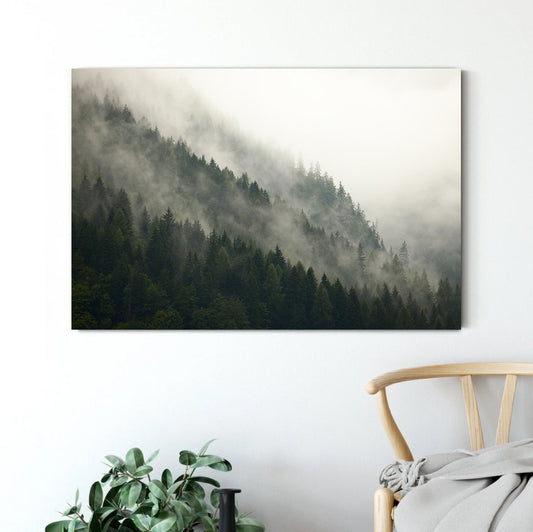 Nature Forest Fog over mountain Canvas Print, Modern Living Room Decor, Foggy forest Poster Print. Forest wall art, Tree art, mountain view