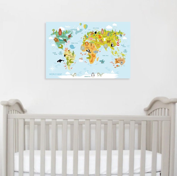 Animal map canvas wall art,Nursery Wall art canvas print Hang Canvas Print World Map Decor