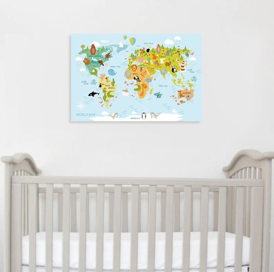 Animal map canvas wall art,Nursery Wall art canvas print Hang Canvas Print World Map Decor