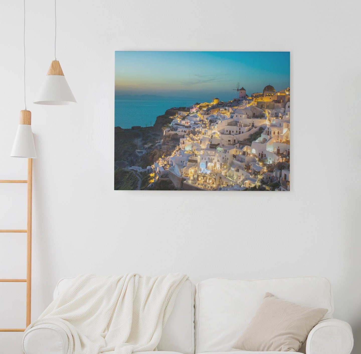 Greek Island Nigh View Canvas Print over Frame, Night Santorini wall art, Middle sea view print, home wall decor print, Greece view Wall Art