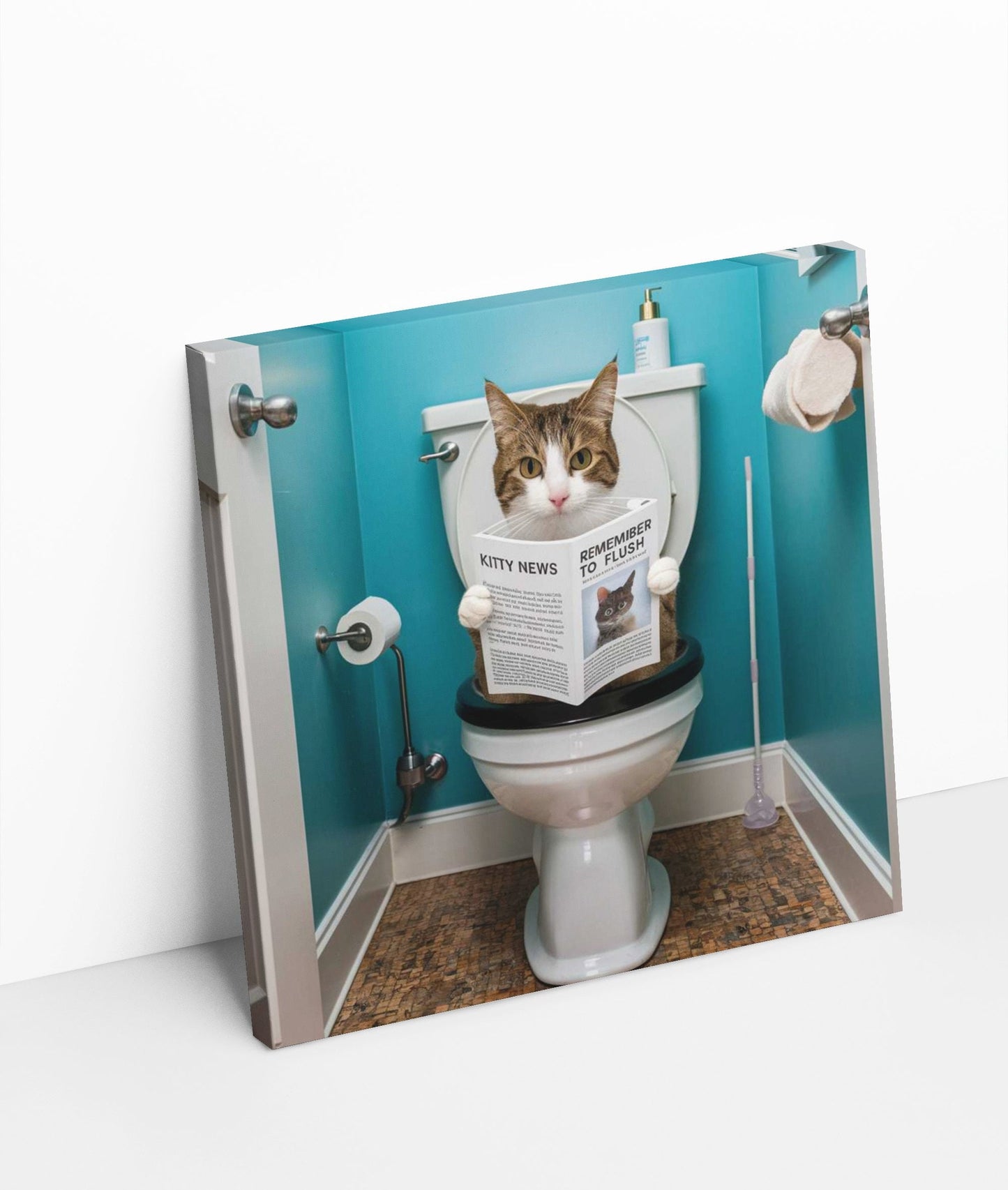 Funny Bathroom Cat Read News Canvas Wall Art, Remember to flush canvas print, humor restroom photo print