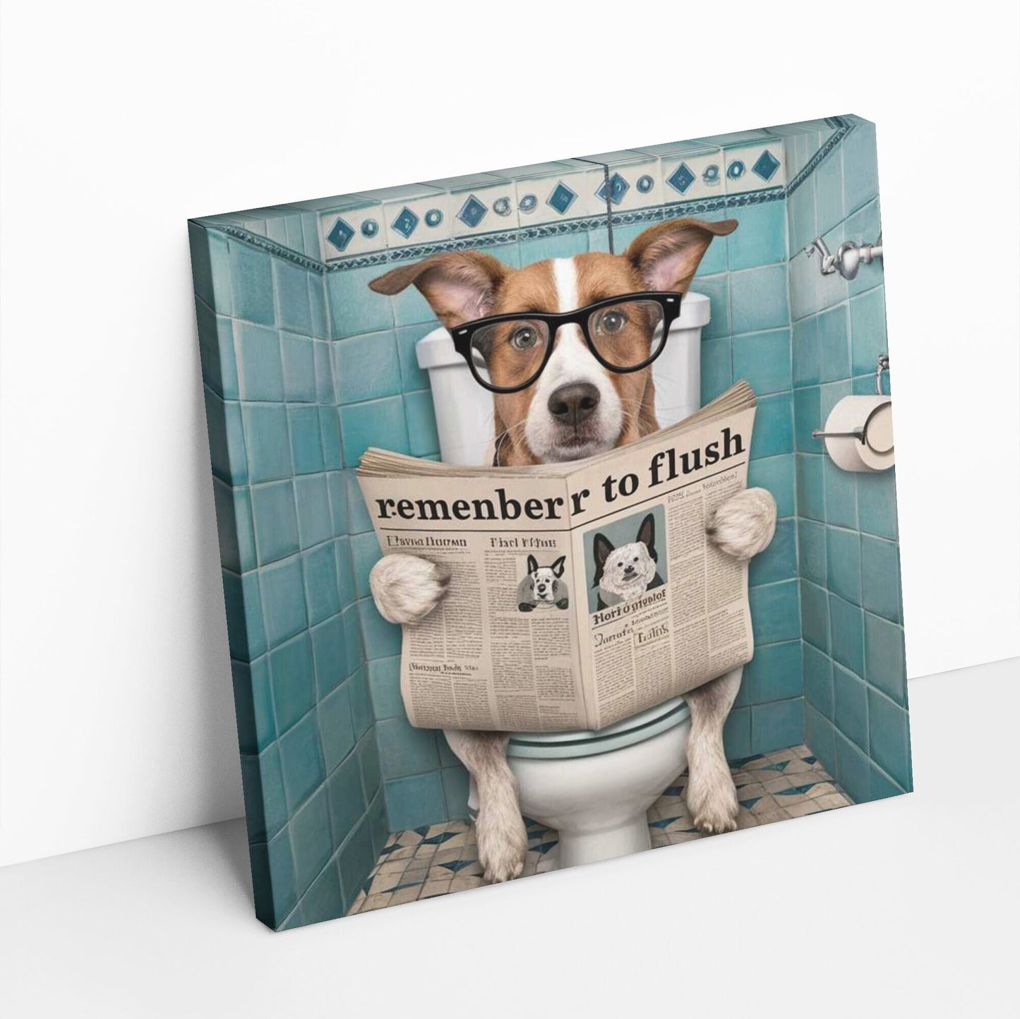 Funny Bathroom Dog with glasses Reading News Canvas Wall Art, Remember to flush canvas print, humor restroom photo print