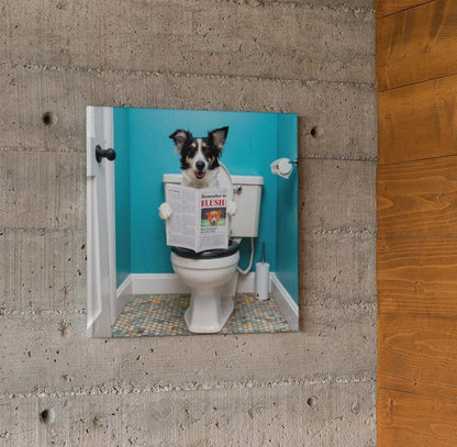 Funny Bathroom Dog Read News Canvas Wall Art, Remember to flush canvas print, humor restroom photo print