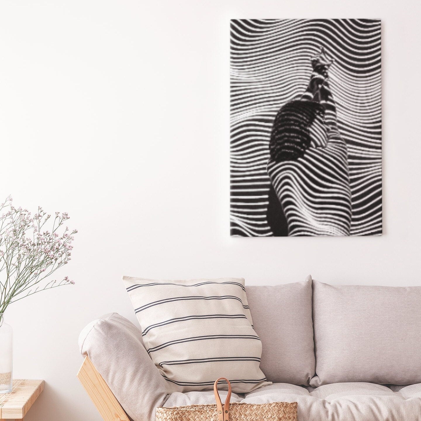 Zebra Lines Laying feel free wall Art, black and white photo, canvas print over wood frame, bedroom, office, living room wall decoration