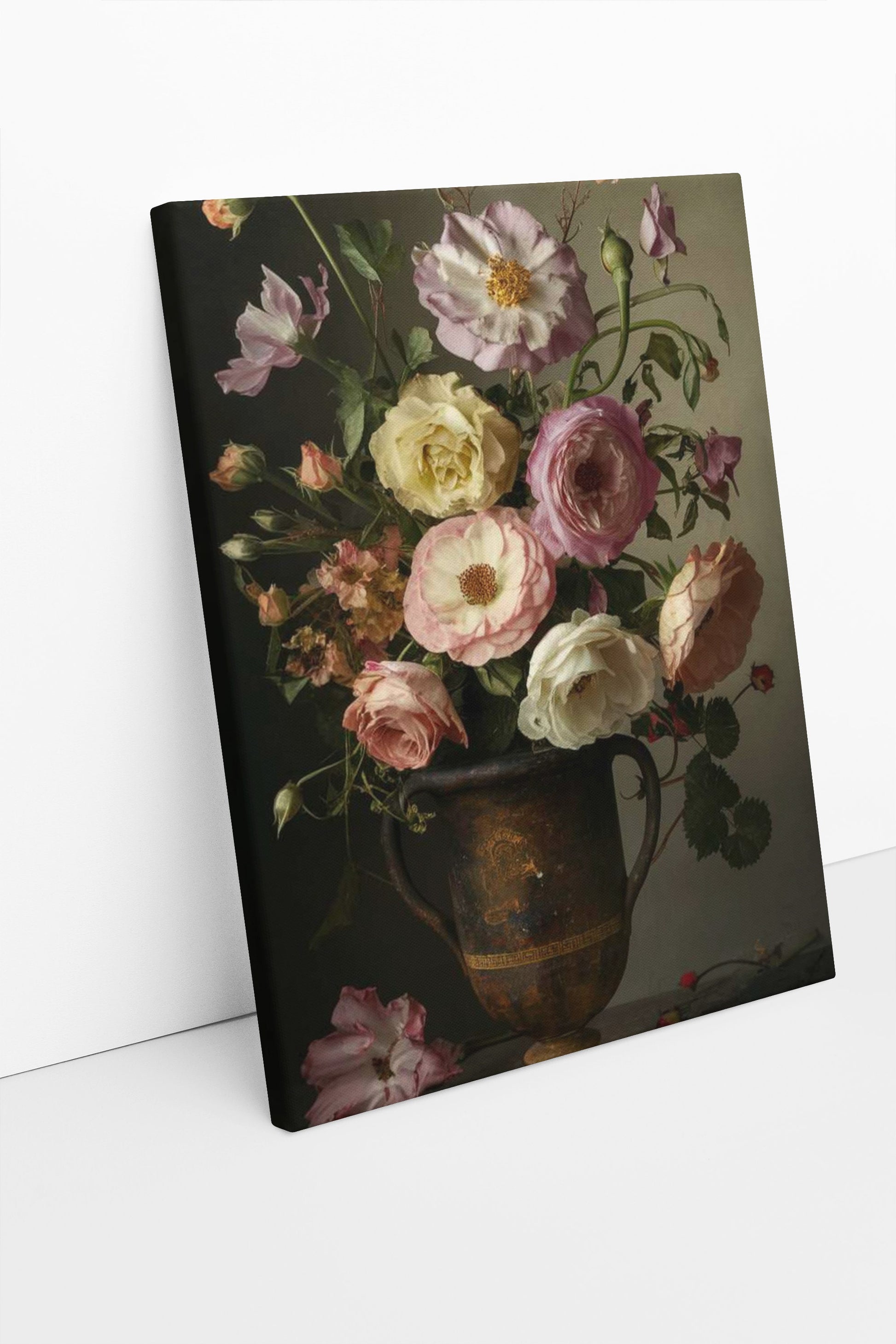 Vintage flower bouquet vase wall Art, vintage style photo, canvas print over wood frame, bedroom, office, living room wall decoration