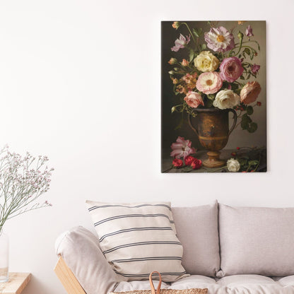 Vintage flower bouquet vase wall Art, vintage style photo, canvas print over wood frame, bedroom, office, living room wall decoration