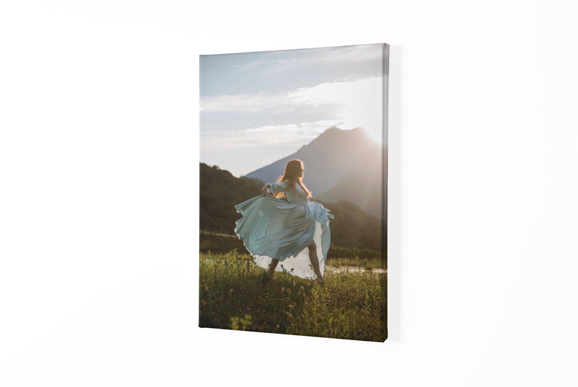 Girl in dress wall Art, nature background photo, canvas print over wood frame, bedroom, office, living room wall decoration