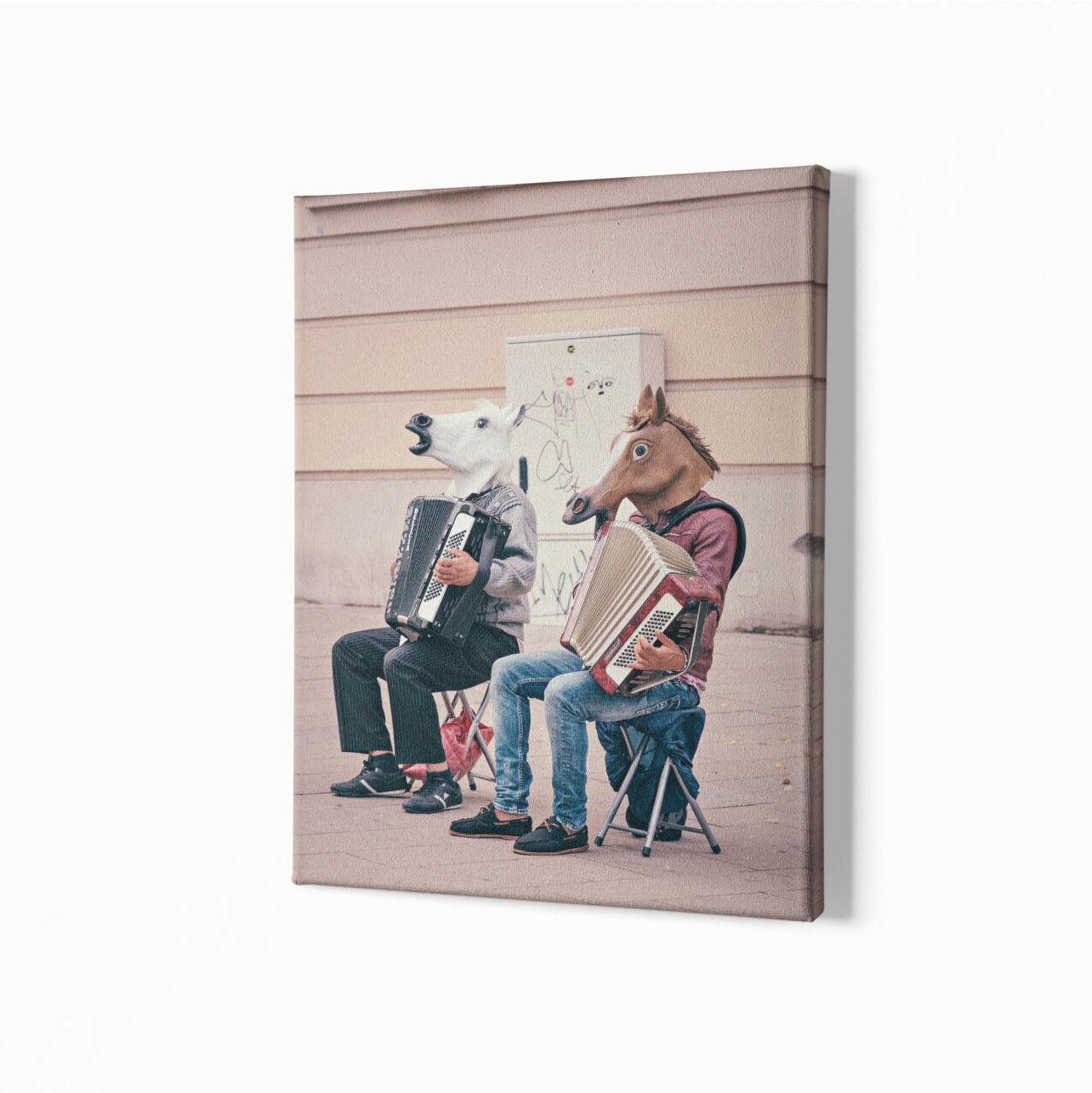 Funny Street Music Wall Art, horse mask Music Playing, canvas print, Wood framed wall art, relax wall art, photo print